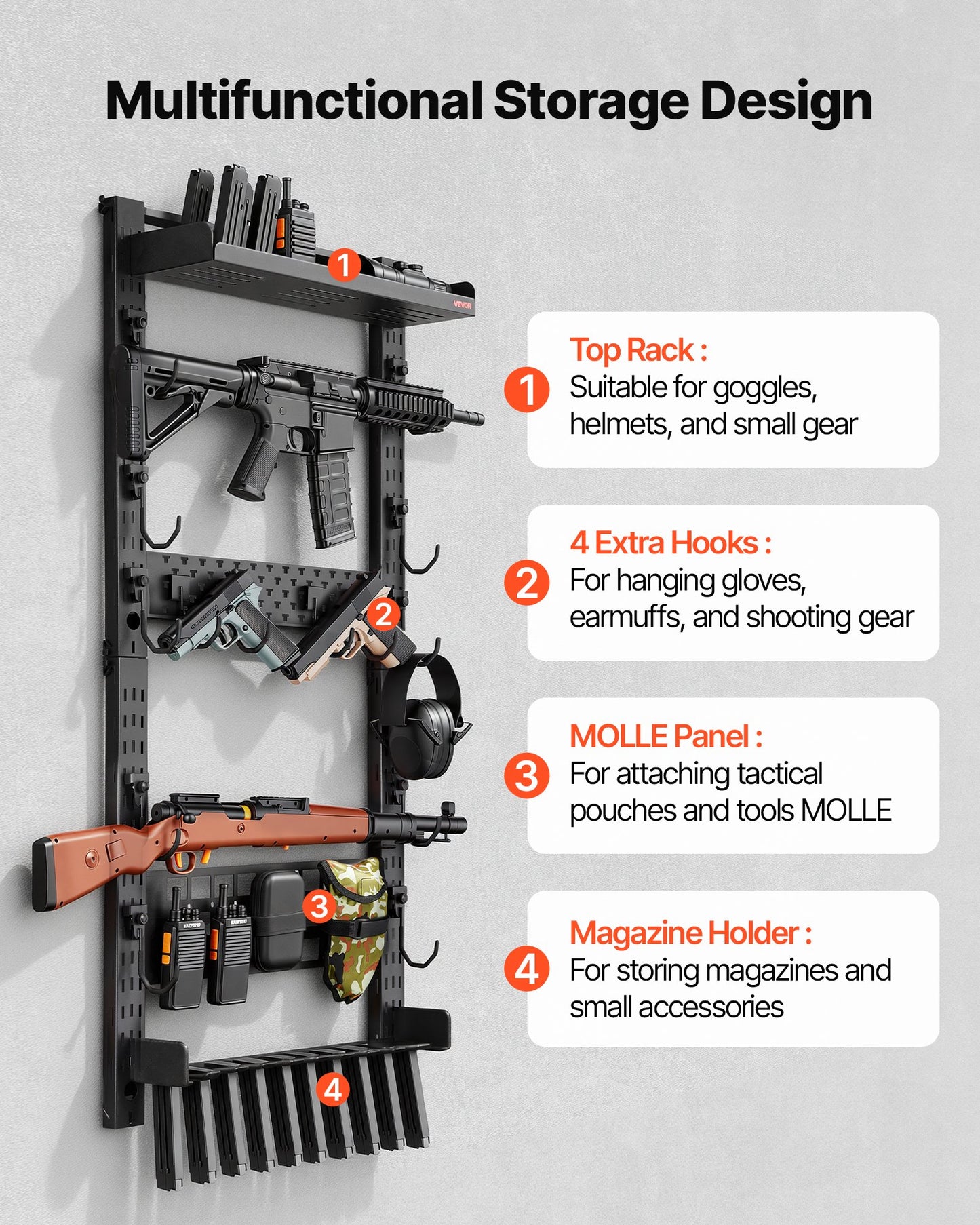 Gun Rack Wall Mount, Heavy Duty Steel, Indoor Rifle Shotgun Rack With Magazine Holder, MOLLE Panel, Gun Accessories Display Storage Holder, Hold Up To 5 Rifles Or Shotguns, For Tactical Gear