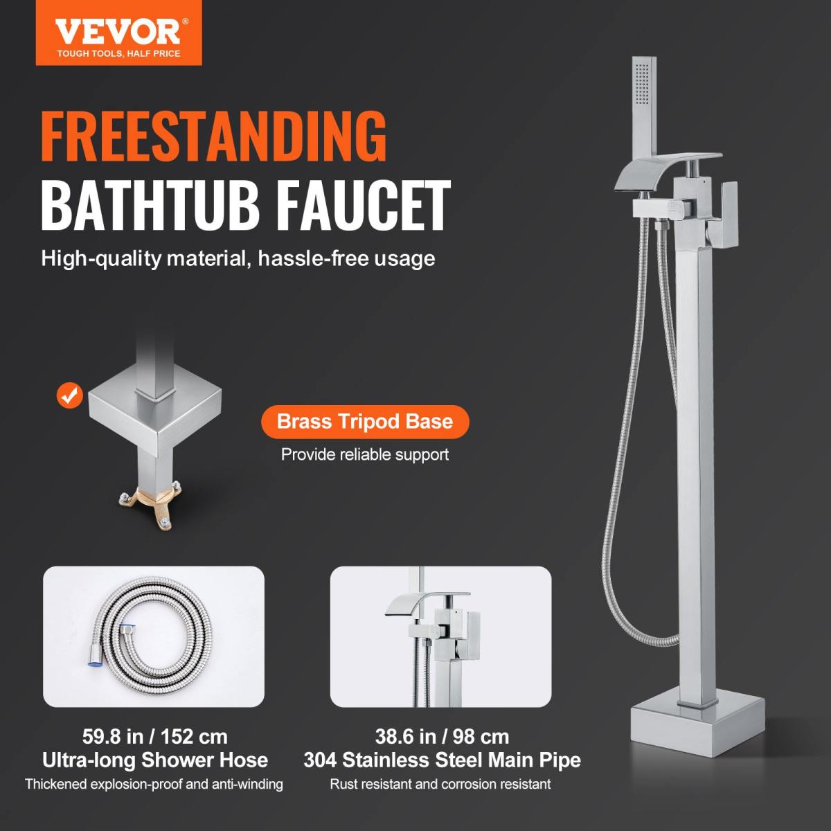 Freestanding Bathtub Faucet, Floor Mount, Freestanding Tub Filler, Shower Mixer Taps, Two Water Modes, 360° Swivel Spout, For Bathing & Showering Pet Bathing Cleaning Drains Toilet Flushing