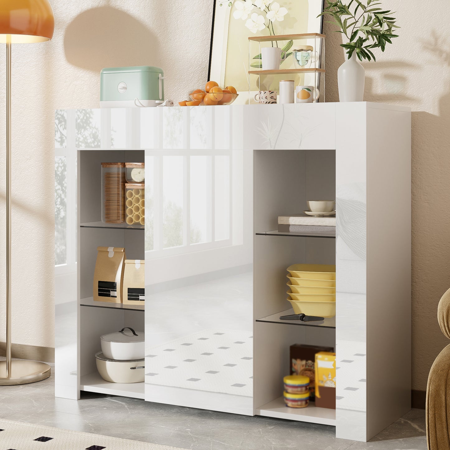 Modern White Buffet With High Gloss Front  Compact, Stylish Storage Solution With Glass Shelves And Cabinet Door For Living Room, Dining Room Or Kitchen  95x35x83 Cm