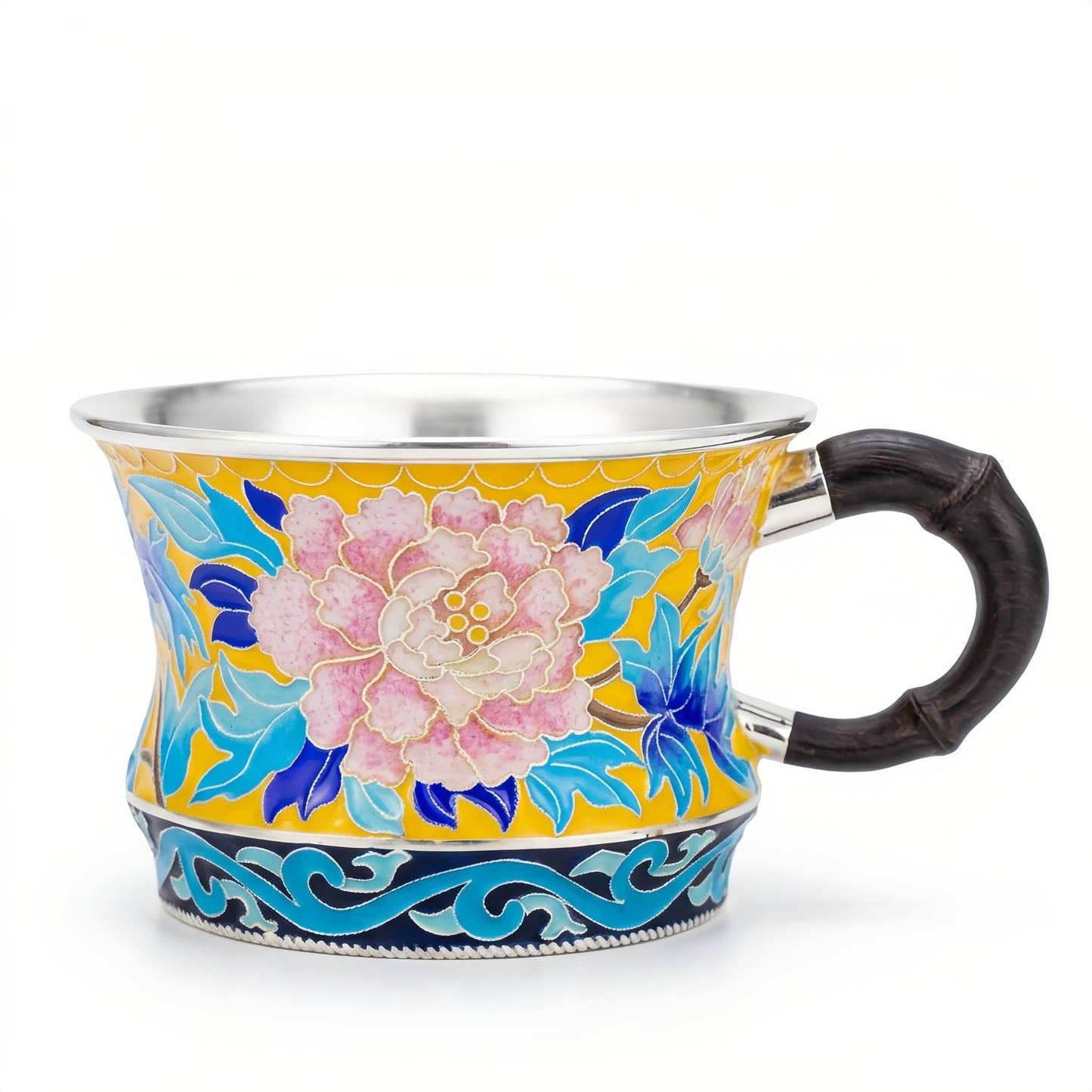 Pure 999 Fine Silver Elegant Cloisonné Peony Tea Cup with Bamboo Style Handle and Silver Lining - Handicraft