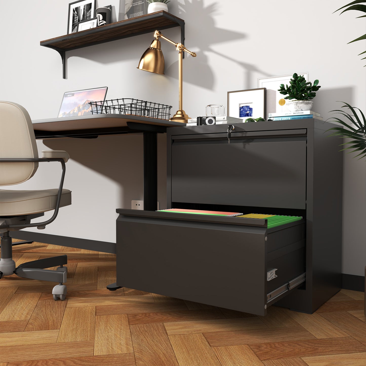 2 Drawer Lateral File Cabinet With Lock, Metal Lateral Filing Cabinet For Home Office, Steel Wide Horizontal Filing Cabinets For Letter Legal A4 F4 Hanging Files  Black