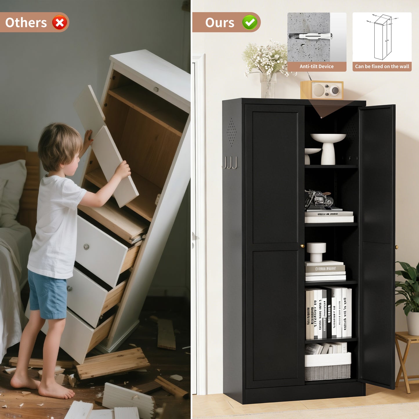 61  Black Metal Kitchen Pantry Cabinet Adjustable Storage With 4 Shelves  110lb Capacity , Heavy Duty Freestanding Pantry Organizer For Kitchen, Pantry, Living Room