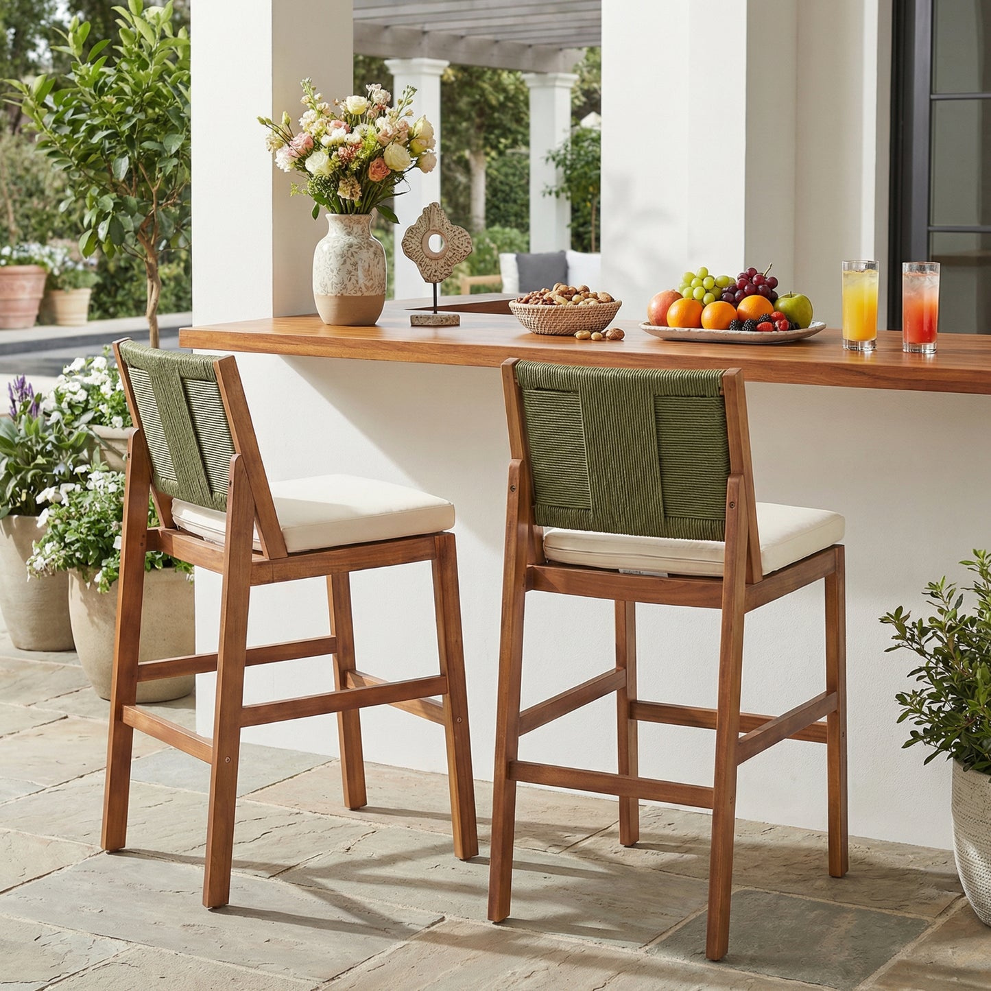 Outdoor Acacia Wood Bar Stools  Set Of 2 , Teak Finish Bar Height Chairs With Cream Cushion & Green Wicker Back, Counter Height Stools For Patio, Poolside, Kitchen Island