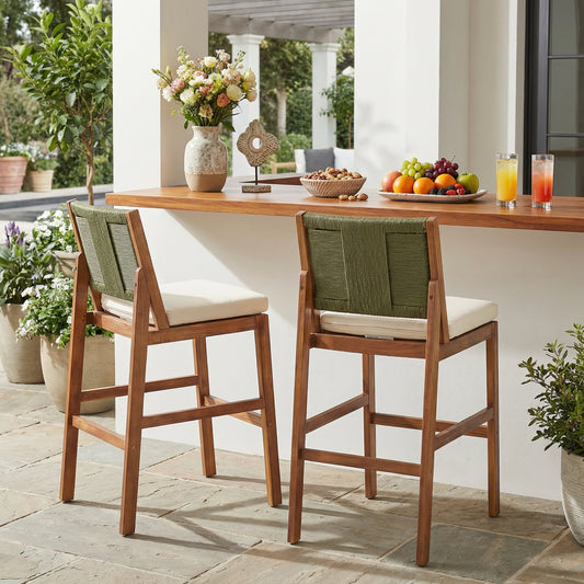 Outdoor Acacia Wood Bar Stools  Set Of 2 , Teak Finish Bar Height Chairs With Cream Cushion & Green Wicker Back, Counter Height Stools For Patio, Poolside, Kitchen Island