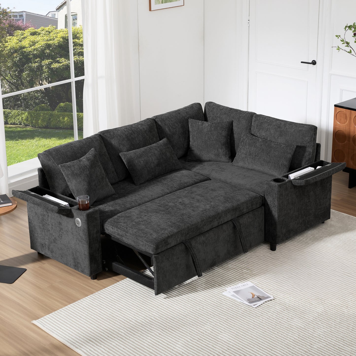 L Shaped Extendable Convertible Corner Sofa With Storage, Cup Holders, USB Charging Port, Armrest Tray And 4 Cushions, Ideal For Living Room, Guest Room And Home Cinema, Grey
