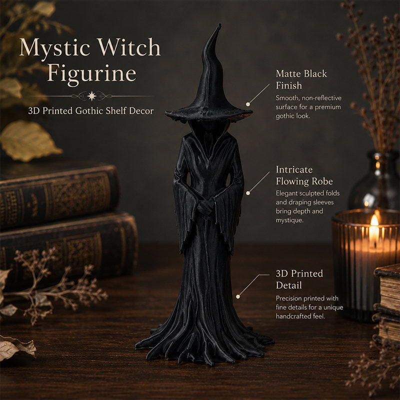 Faceless Mystic Witch Figurine, Matte Black Gothic Statue, 3D Printed Desktop Shelf Ornament, Halloween Witchcraft Table Decor Gift