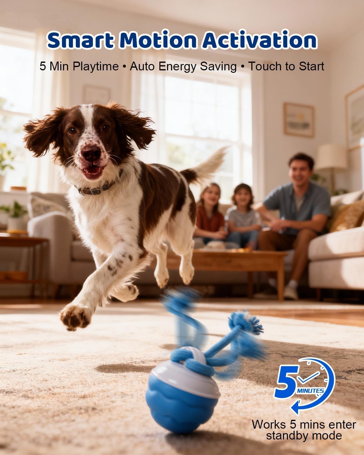 Interactive Dog Toys With Rope -Smart Dog Ball Built-in Barking Sound, Motion Activated USB-C Rechargeable Dog Toy With 3 Play Modes For Medium & Large Dogs