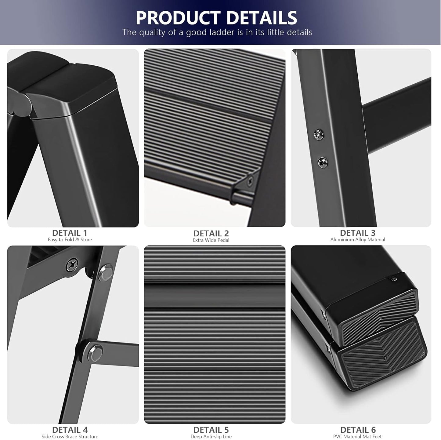 3 Step Ladder, Folding Ladder Stool, Wider Upgraded Non-Slip Treads, Portable Lightweight Ladder For Home And Kitchen, Holds Up To 330 Lbs.black