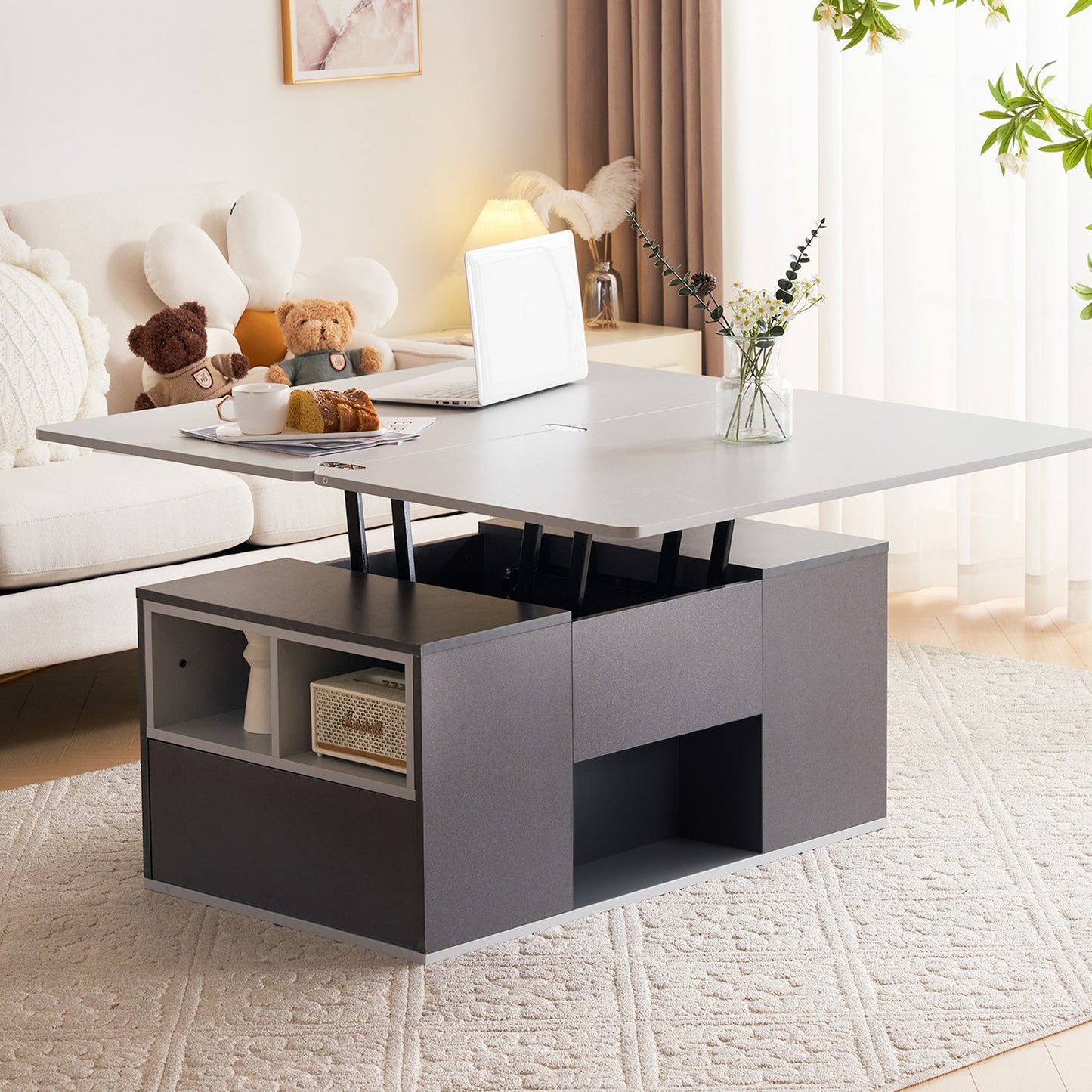 313593594GAAHebable Multifunction Coffee Table - Table Top Opens To 2 Tables, Dark Grey  Light Grey, Large Capacity, Modern Living Room Furniture, Office Dining Table Side Table Multifunction Table