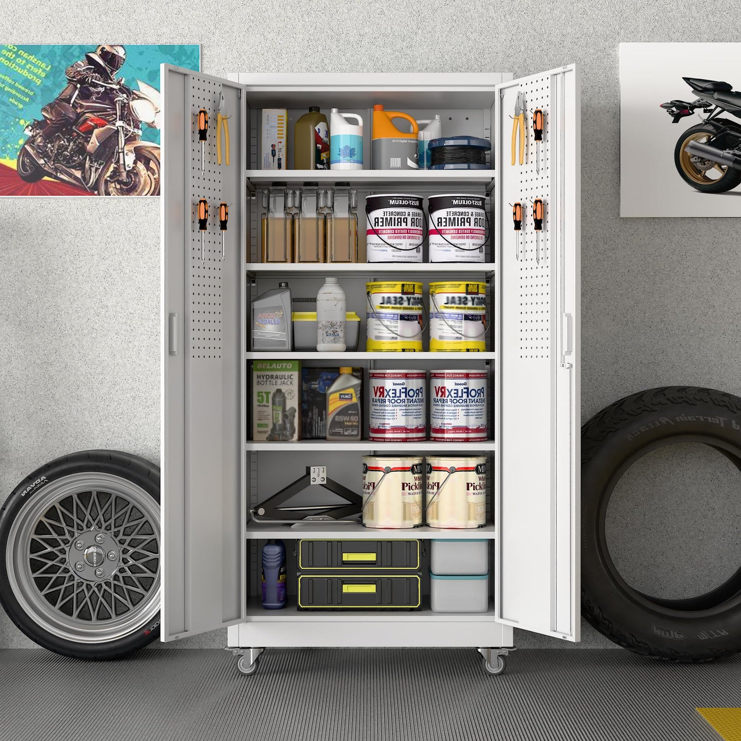 Aobabo Metal Storage Cabinet With Wheels, Steel Locking Cabinet With Pegboard Doors, Garage Cabinet For Office Pantry, 5 Adjustable Shelves White