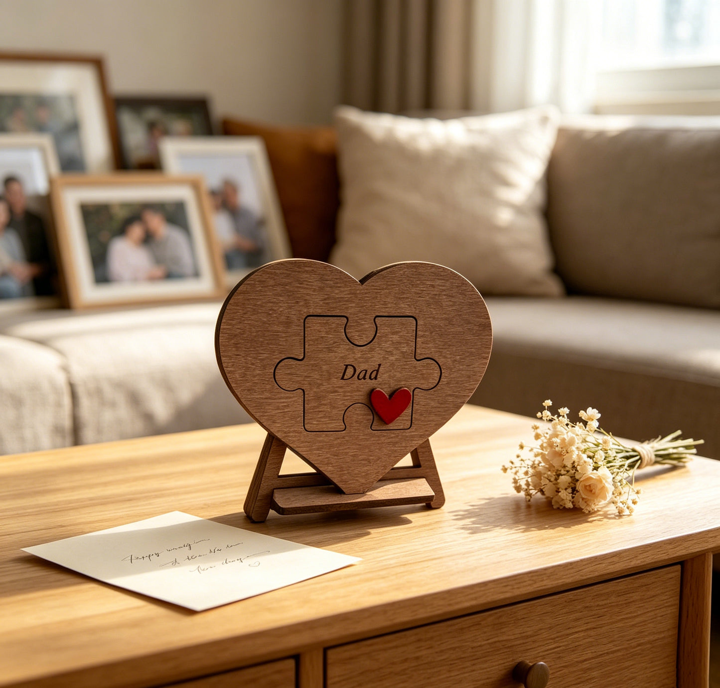 Wooden Heart Puzzle Sign For Dad, Father's Day Gift Engraved Wood Heart Puzzle Desk Decor Thank You Dad Keepsake Ornament