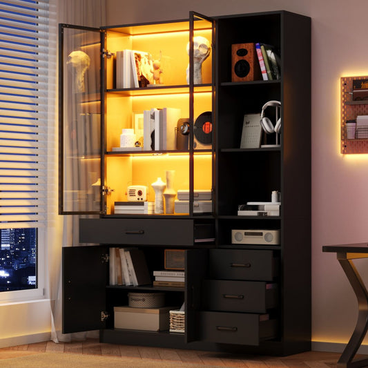 Tall Cabinet With Glass Cabinet & LED, 120x35x200cm Bookcase With 13 Storage Areas, 4 Drawers & Doors Showcases, Storage Cabinets, Cabinets, Suitable For Dining Room And Living Room, Black