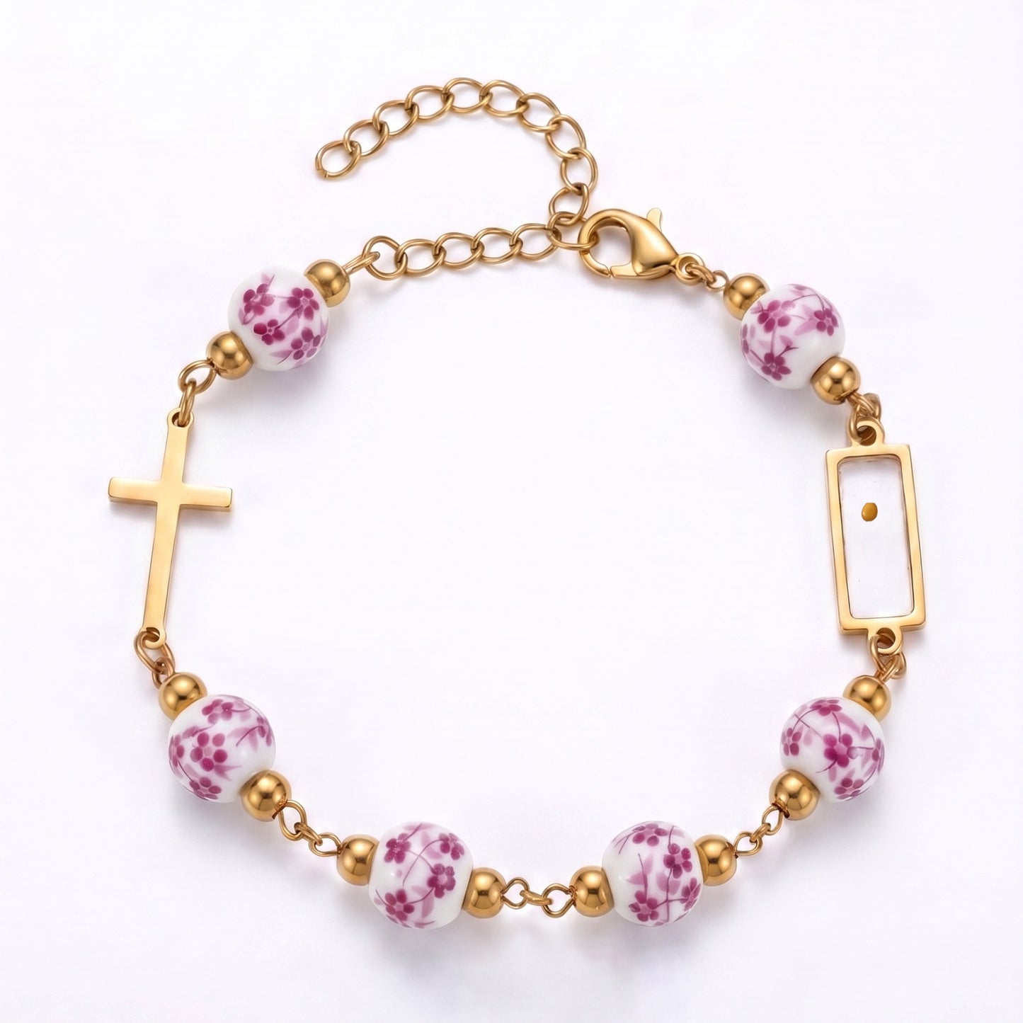 Christian Gifts 18K Gold Plated Cross Bracelet Real Mustard Seed Inside Faith Jewelry For Women Flower Printed Ceramic Beads Stainless Steel Matthew 17 20 Bracelet