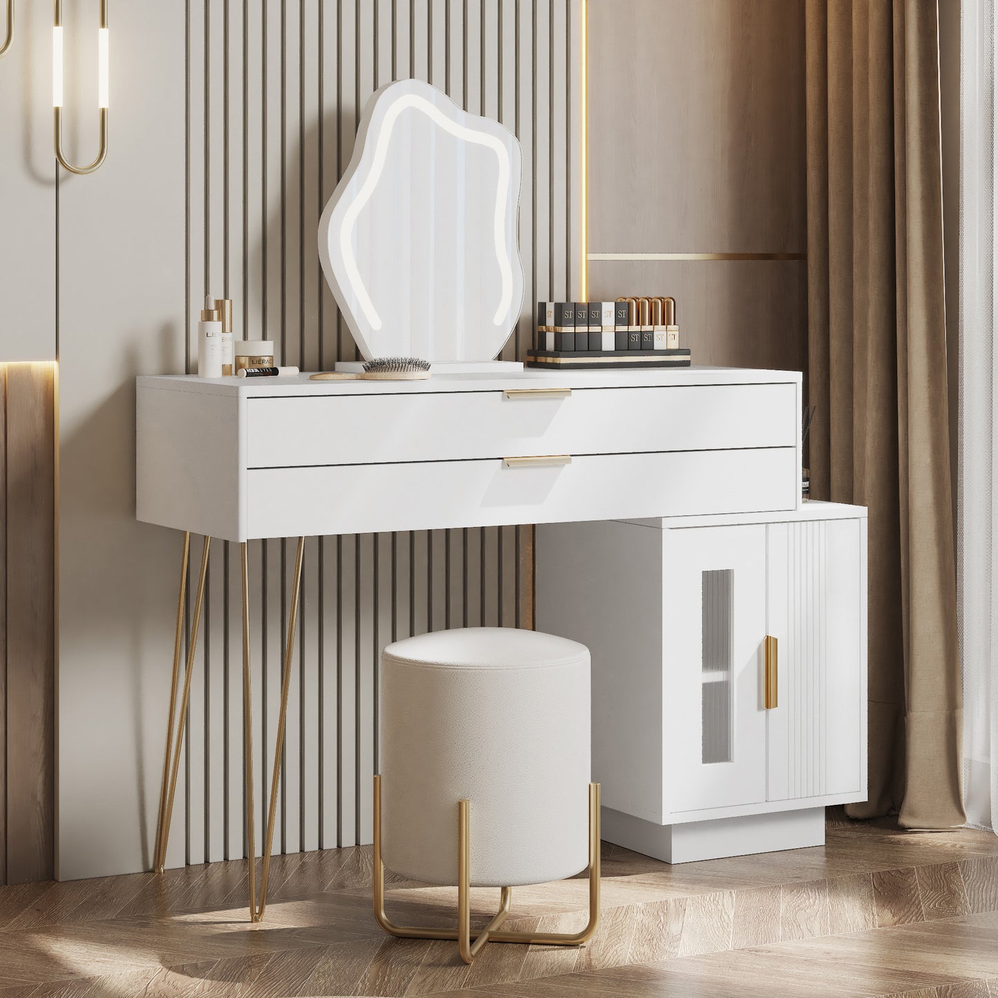Makeup Table With LED Illuminated Mirror, White Makeup Table Set With Extendable Design, Modern Cosmetics Table For The Bedroom Dimensions B100-H78-T40 Cm Without Stool  Old Sku RN3190845AAW