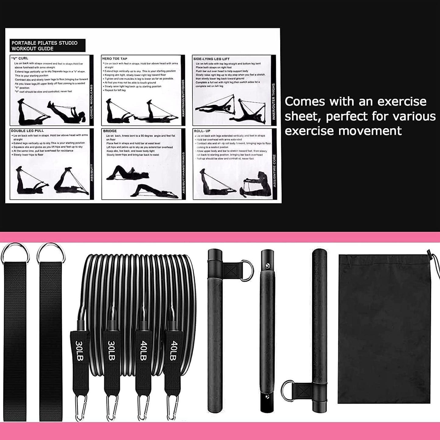 Pilates Bar Suit With Multifunction Resistance Band Pulling Rope Yoga Fitness