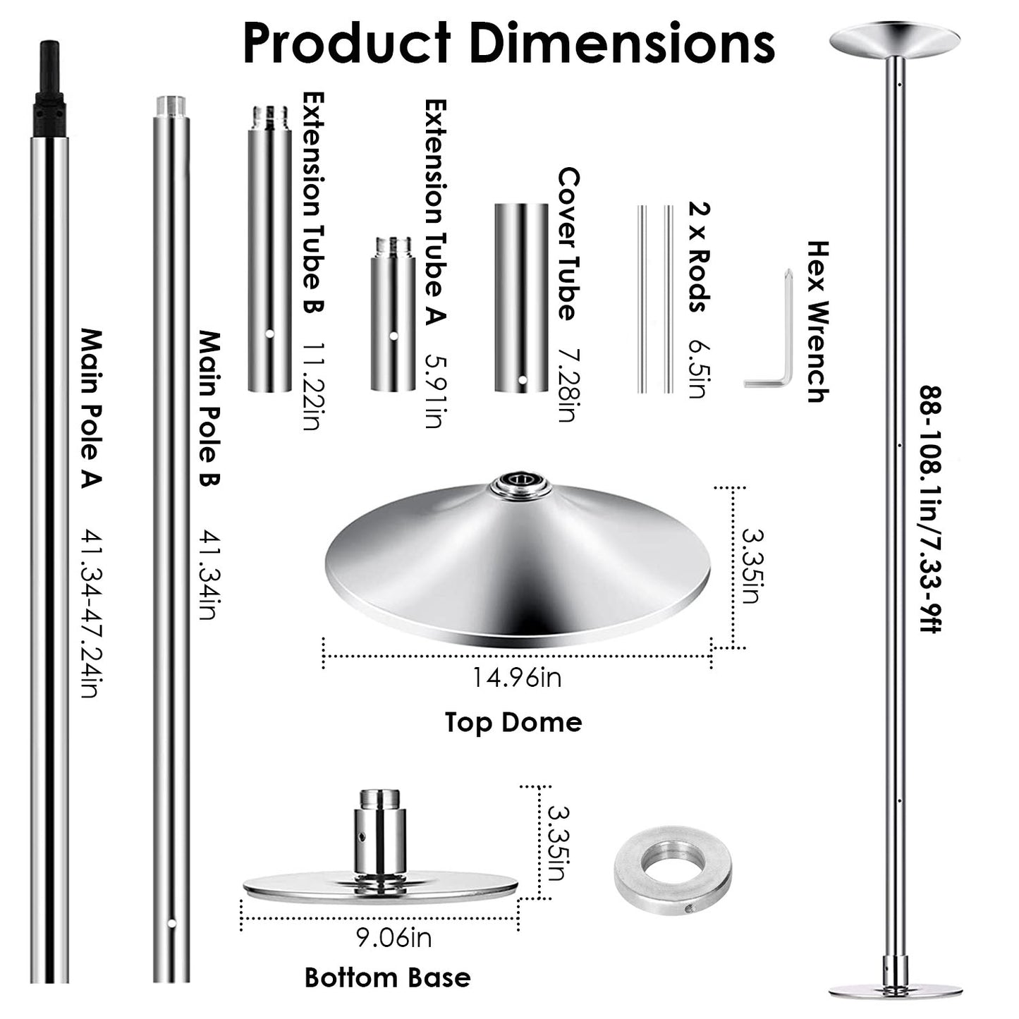 1Pc Stripper Dance Pole 45mm Spinning Static Dancing Pole With 88-108.1in Adjustable Height 551LBS Weight Capacity For Fitness Exercise Party Home Club Gym