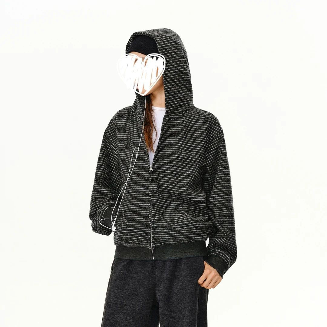 Korean Striped Hooded Cardigan Sweater Women's Loose Slimming