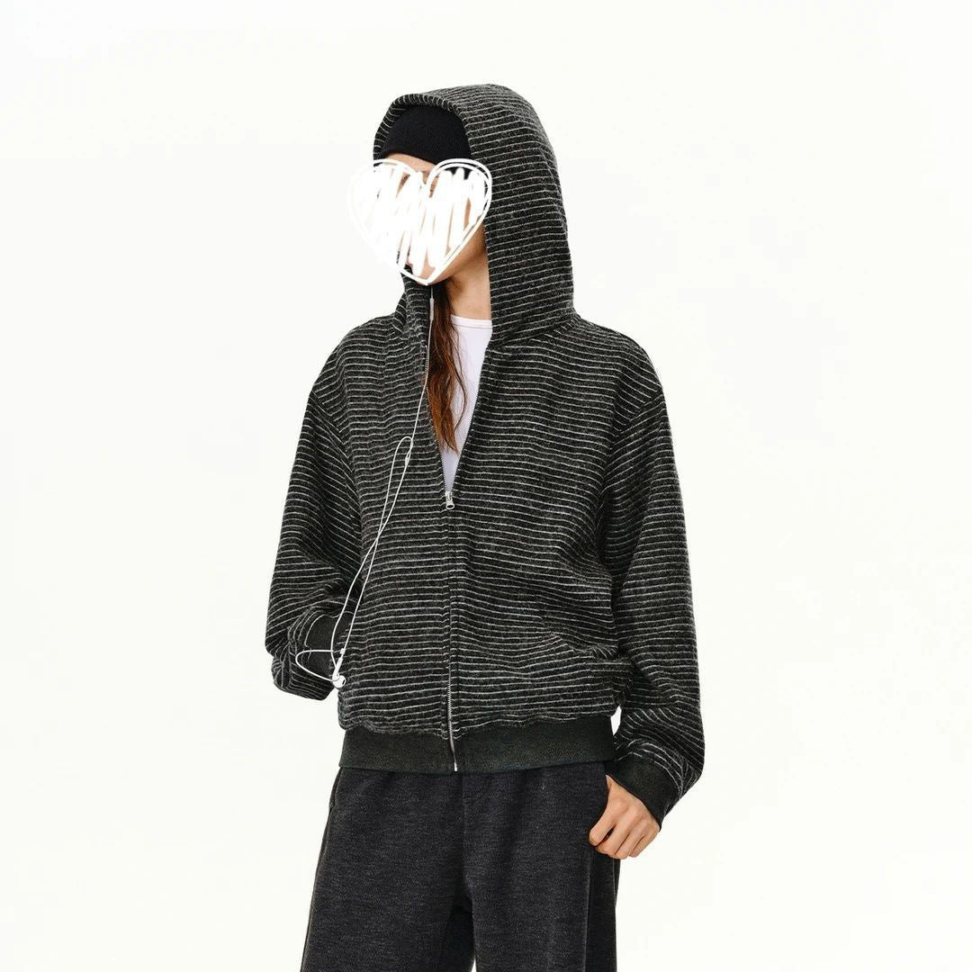 Korean Striped Hooded Cardigan Sweater Women's Loose Slimming
