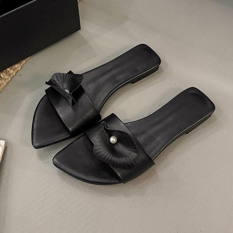 Calla Lily Design Vacation Style Genuine Leather Floral Slip On Sandals, Women Round Toe Special Mid Heel Real Leather Outdoor Slippers For Summer