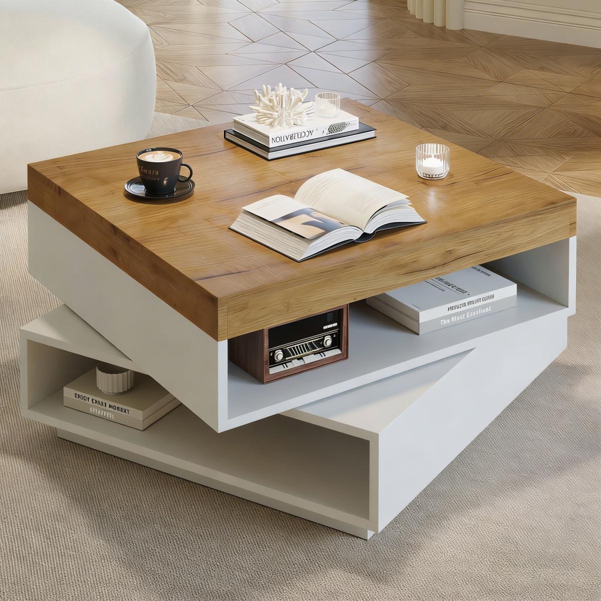 65X65X40cm Coffee Table, Square 360degree  Swivel, Coffee Table With LED Lights And Outdoor Storage Area, Living Room Table, Coffee Table, Side Table, Suitable For Small Room, White - Wood Tone