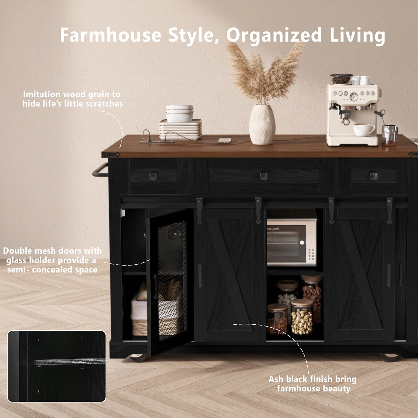 K&K 58 Farmhouse Kitchen Island With Storage,Sliding Barn Door & Metal Grid Side Door,Rolling Kitchen Island On 5 Wheels With Spice Rack, Glass Holders,Island Table With Drop Leaf For Kitchen,Black