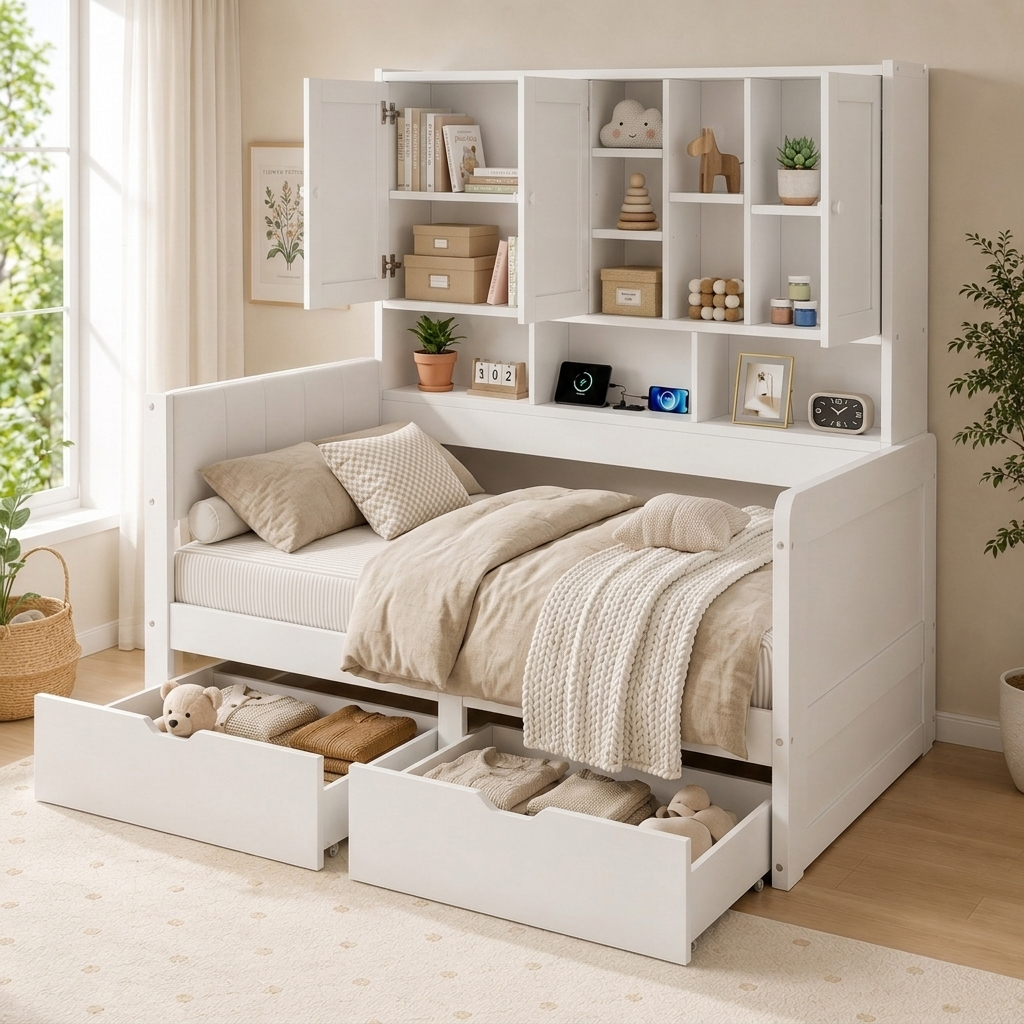 3FT Single Kids Storage Bed 90 X 190cm, White Multifunctional Bed With Overbed Cabinets, 2 Drawers, RGB LED, USB Charging Station & PU Headboard