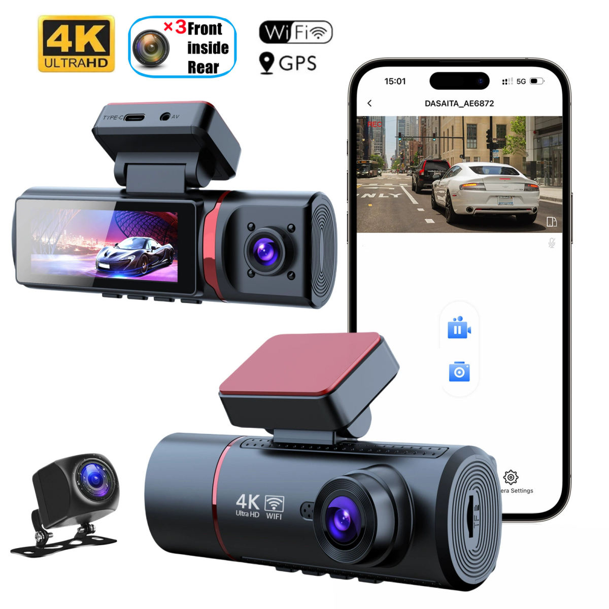 Driving Recorder 4K HD Front And Rear Three Recording WIFI Mobile Phone Interconnection