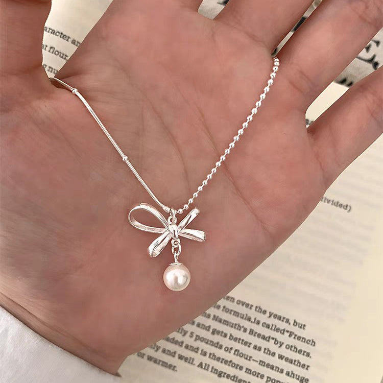 1pc 999 Sterling Silver Hollow Bow Pearl Pendant Necklace, Delicate Minimalist Style, Perfect For Daily Wear & Valentine's Gifts