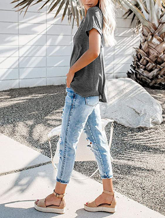 Women's Henley Neck Button Detail Curved Hem Pocket Decor Casual Short Sleeve T-Shirt