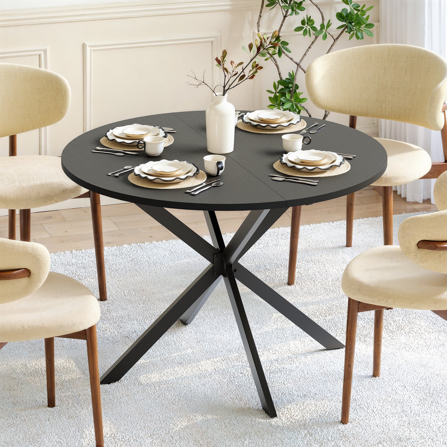 Round Table With Knock Knees, 120 Cm - Kitchen And Dining Table For Home Office, Balcony Or As A Coffee Table - Black
