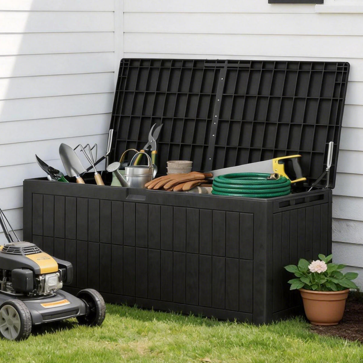 220 Gallons Outdoor Storage Box Large Capacity Water Proof Lockable Resin Deck Box For Tools Pool Accessories Sports Equipment Black