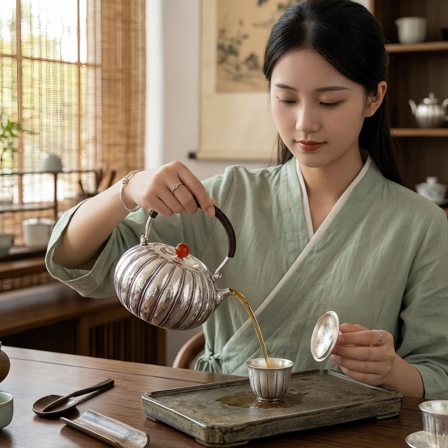 Pure 999 Fine Silver Hand-Hammered Silver Teapot with Ribbed Body and Red Agate Finial - Handicraft
