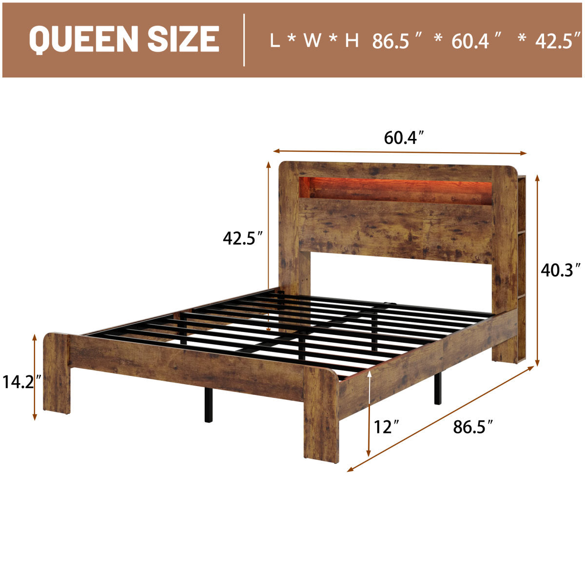 Queen Wood Bed Frame With LED Headboard, 2 USB & Underbed Storage, Dark Brown