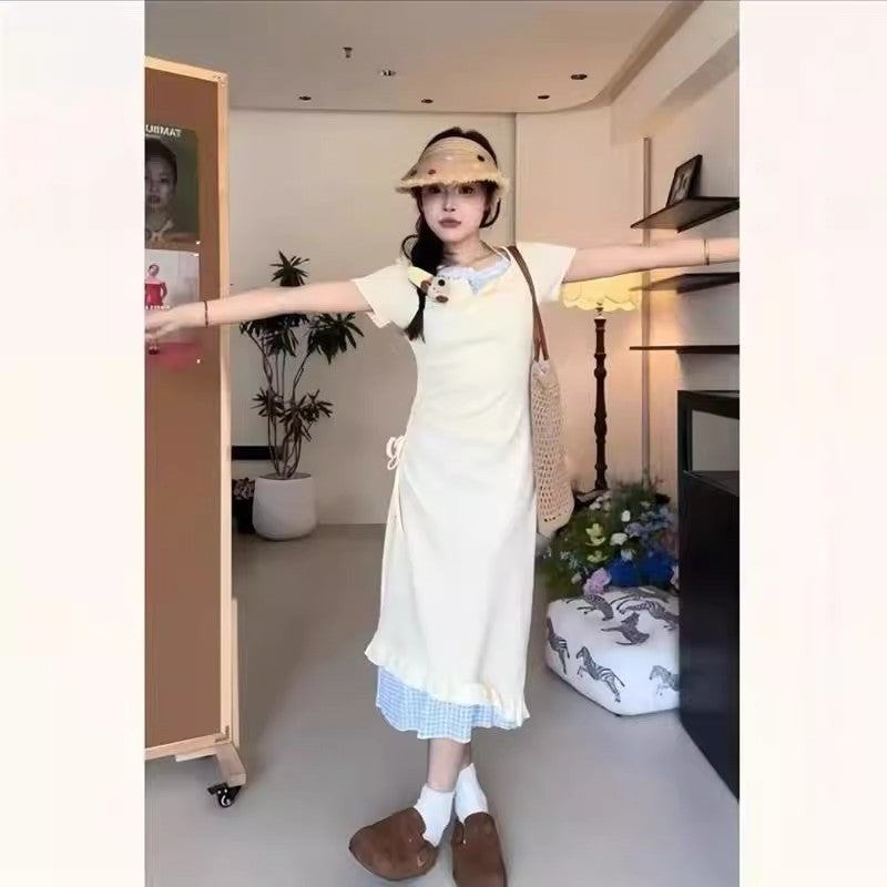 Korean-style Sweet Two-piece Look Dress For Women Asymmetrical Drawstring Waist