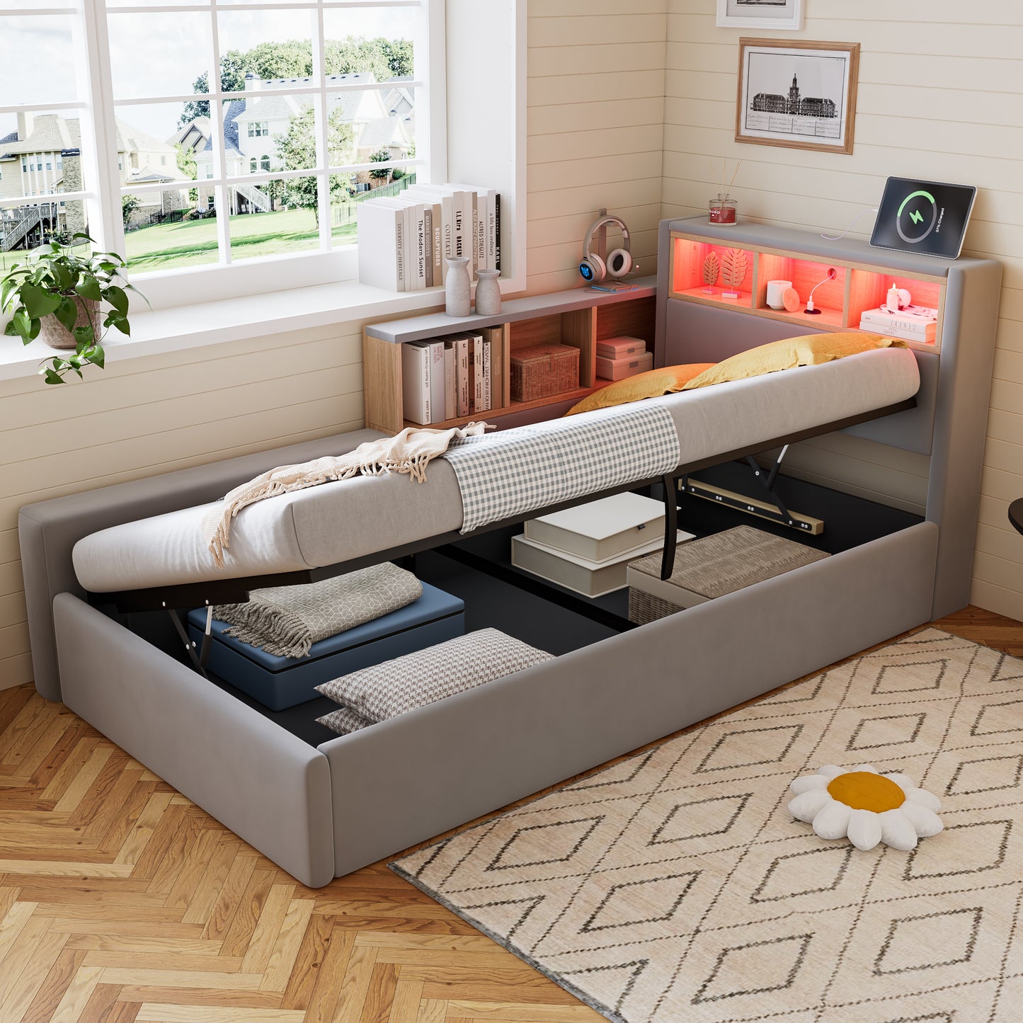 Upholstered Bed, 3FT Single Bed 90x190cm, Daybed Sofa Bed, Modern Velvet Youth Bed, For Adults & Teenagers, With Charging Port, LED Strip, With Storage Space, Easy Assembly, Velvet, Grey   No Mattress