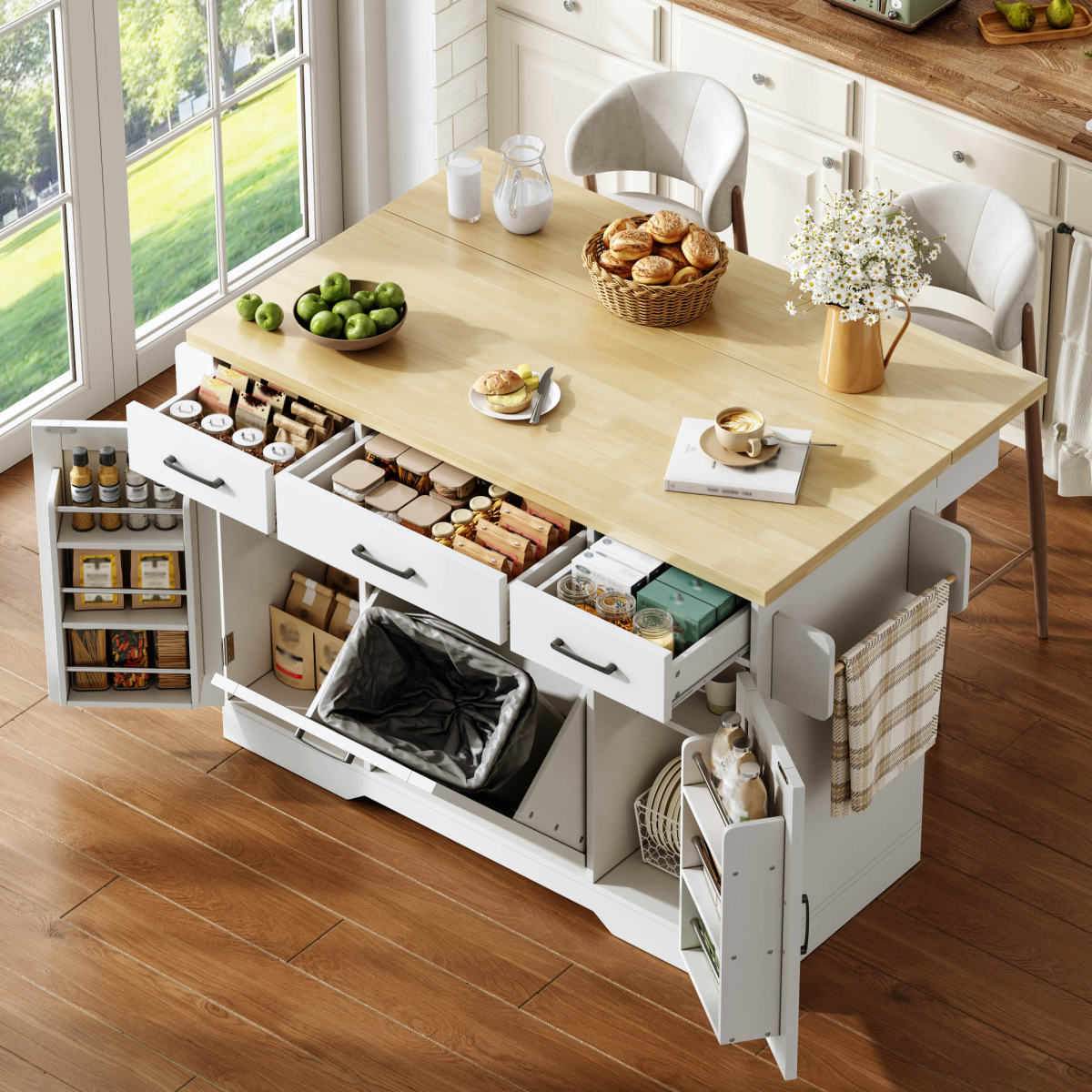 Mobile Kitchen Island With Foldable Worktop, Kitchen Trolley, Storage Cupboard, Garbage Cabinet, Buffet Cabinet With Spice Rack, Drawer And Castors, 120 X45X87 Cm