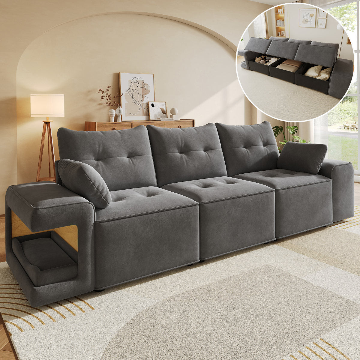 Modern Modular 3-seater Sofa With Wide Armrests, Cloud Sofa, Integrated Storage, Upholstered Pet Area, With Two Cushions   Ideal For Living Rooms And Apartments, Grey.