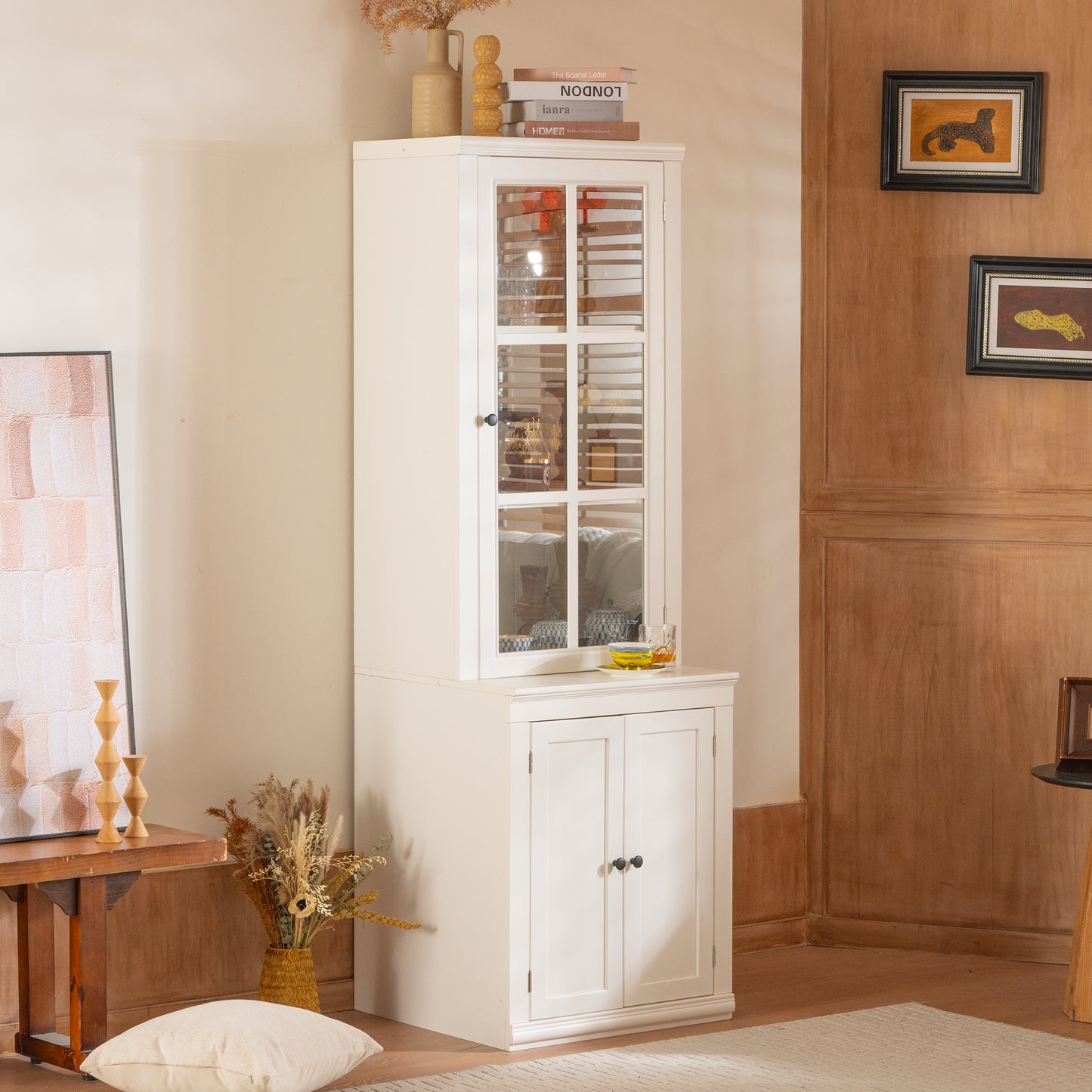 75.25  Tall Freestanding Pantry Cabinet With Glass Door & Lattice Window, Farmhouse Display Cabinets With Storage, Hutch With Double-Action LH&RH Door, For Hallways, Livingroom Kitchen & Office,White