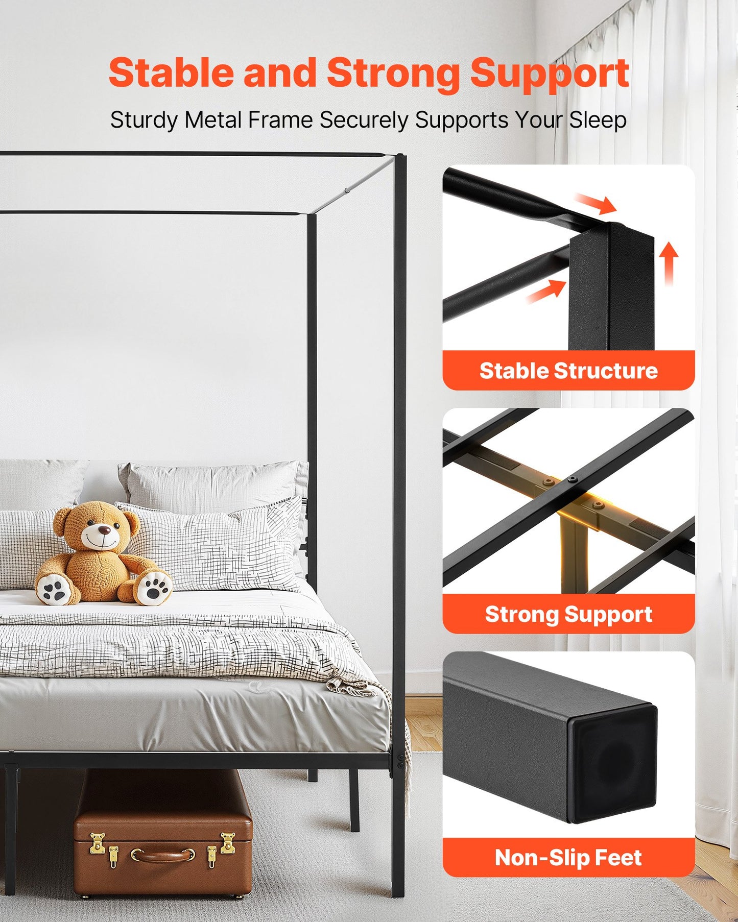 King Size Canopy Bed Frame, Metal Canopy Bed With Charging Station And Four Posters Design, Heavy Duty Steel Slats Support, Underbed Storage Space, No Box Spring Needed, Easy Assembly, Black