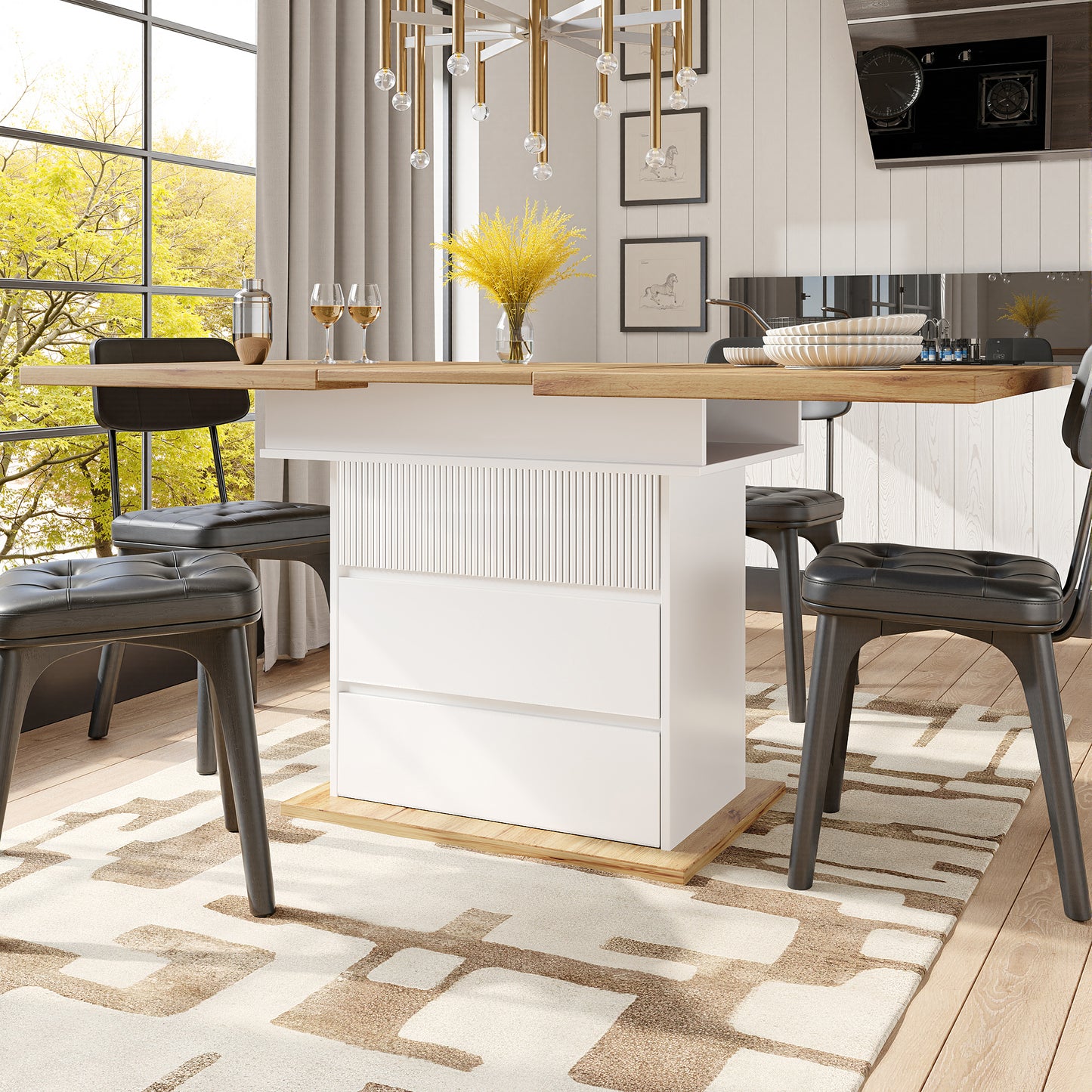 Telescopic Dining Table  110-140 X 80 Cm , Foldable Kitchen Table For 4-6 People, Extendable Dining Table, Space-saving Kitchen Table, For Kitchen And Living Room, Dining Table With Three Shelves