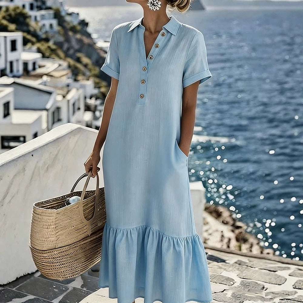 Summer New Womens Casual Loose-Fit Fashionable Pleated Lapel Short-Sleeve Plus-Size Shirt Dress
