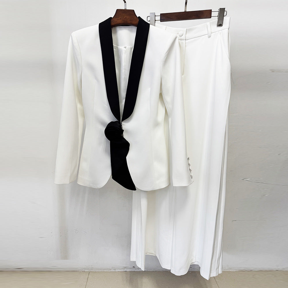 Satin Lapel 3D Floral Decor Blazer & Wide Leg Floor Pants 2-Piece Suit Set