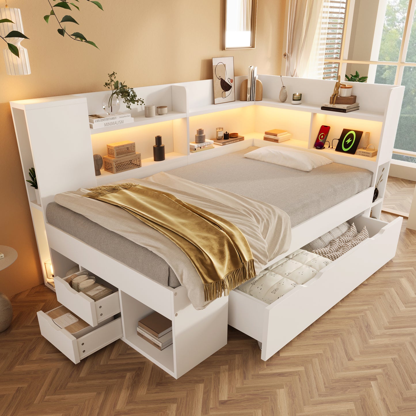 Daybed 90x190 Cm White Functional Bed With LED Lighting Single Bed Made Of Wood-based Material With USB & Type-C Charging Station Storage Space Shelves And Drawers Youth Bed Incl. Slatted Frame  Witho