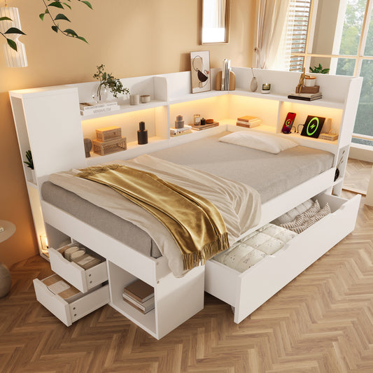 Daybed 90x190 Cm White Functional Bed With LED Lighting Single Bed Made Of Wood-based Material With USB & Type-C Charging Station Storage Space Shelves And Drawers Youth Bed Incl. Slatted Frame  Witho