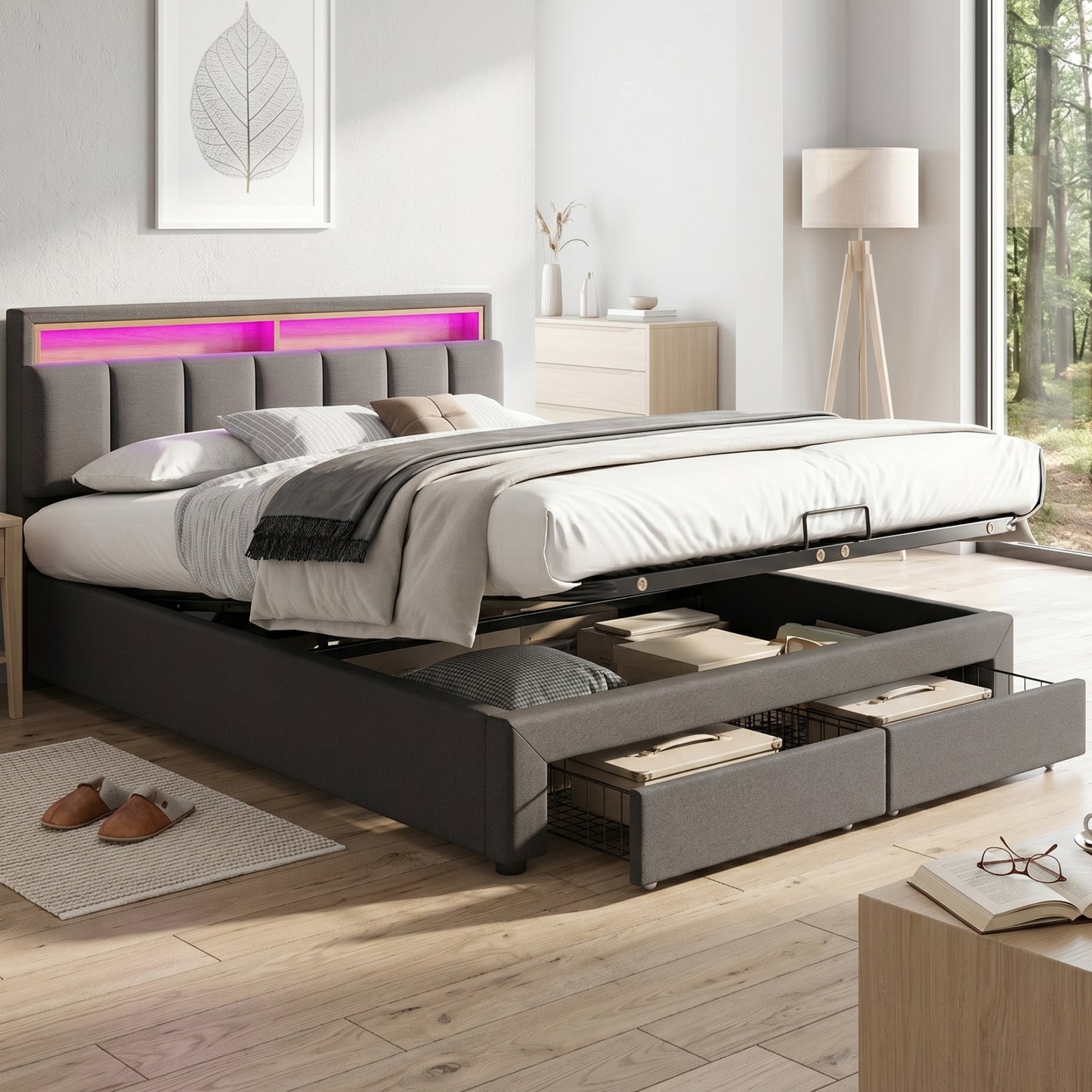 Upholstered Bed With LED Lighting,Hydraulic Storage Bed With Bed Box,Drawers And Storage Compartments,Stowable Headboard Made Of Foam,Double Bed Made Of Steel Frame,Linen,180x200cm,Grey
