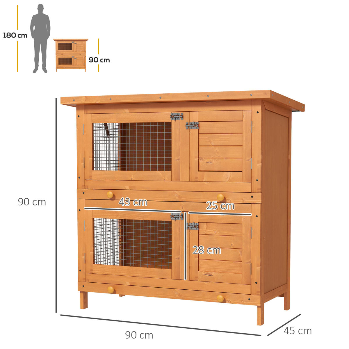 PawHut Rabbit Hutch Outdoor Guinea Pig Hutch Wooden Duck House Pet Cage With Opening Roof, 90 X 45 X 90cm
