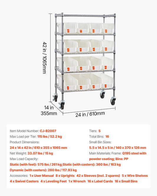 5-Tier Rolling Bin Storage Rack, 16 Organizer Bins, Bin Rack Storage Steel Wire Shelving System With Wheels, Mobile Tool Organizer For Garage, Warehouse, Office, Restaurant, Classroom, Kitchen