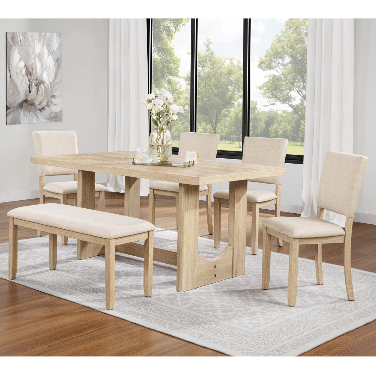 6 Piece Dining Table Set with Bench, Wooden Rectangular Kitchen Table Set with Bench and 4 Upholstered Chairs for Living Room, Kitchen, Dining Room, U-shaped base, Light Oak & Beige