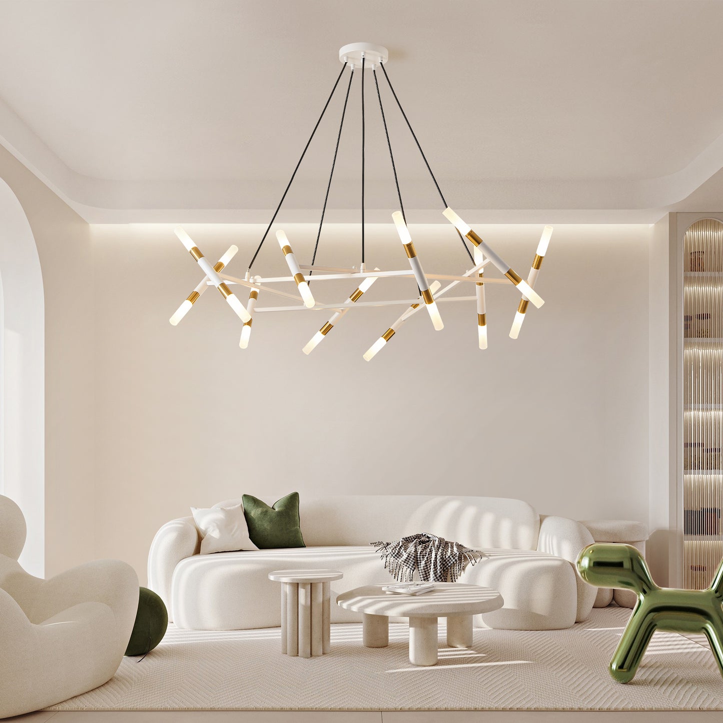 41  White & Golden Modern Chandelier Light Fixture, Branch Design With Frosted Tubes, Black Cords, Adjustable Height Pendant Light For Dining Room, Living Room, Or Kitchen Island Bulb Not Included