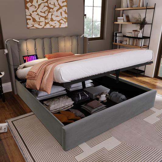 Upholstered Bed Double Bed Reading Light With Charging Function Headboard Storage Bed Frame Velvet Youth Bed 160x200 With Slatted Base, Grey  Without Mattress